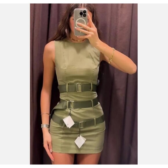 Zara Short Waxed Dress With Belts Cargo Military Green S 5427/301 New - Picture 3 of 12